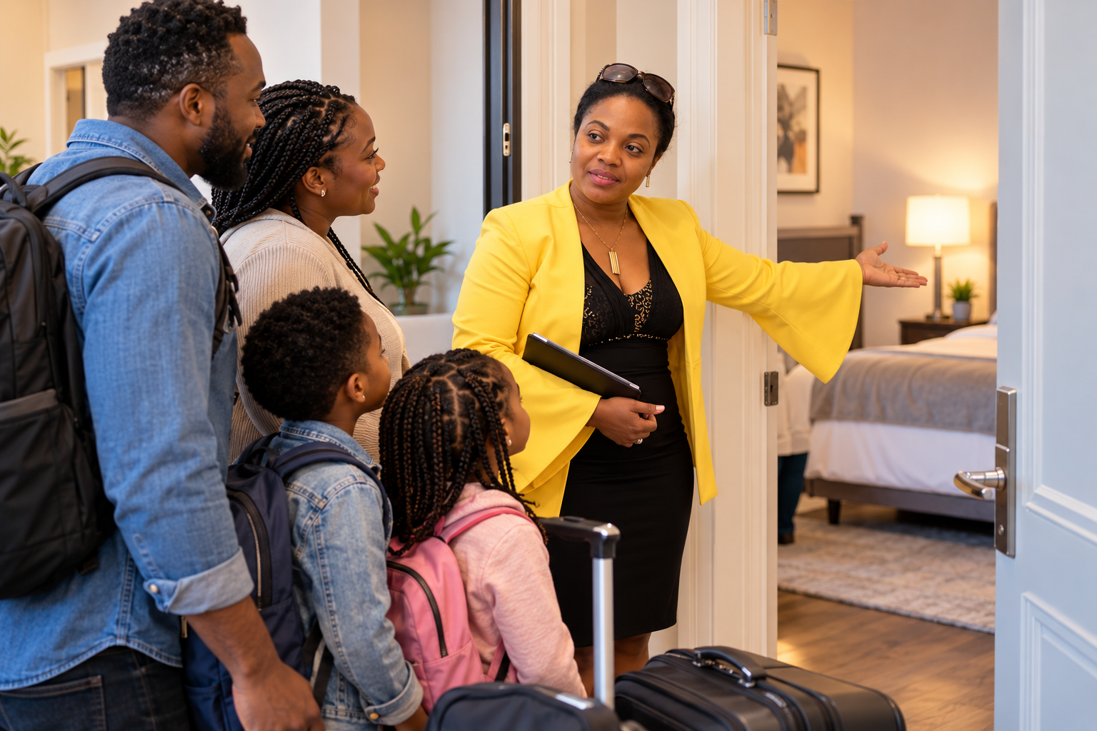 Anicette Olga Sonfack, fondatrice d'INACAN Service Inc., accueille une famille de nouveaux arrivants au Canada